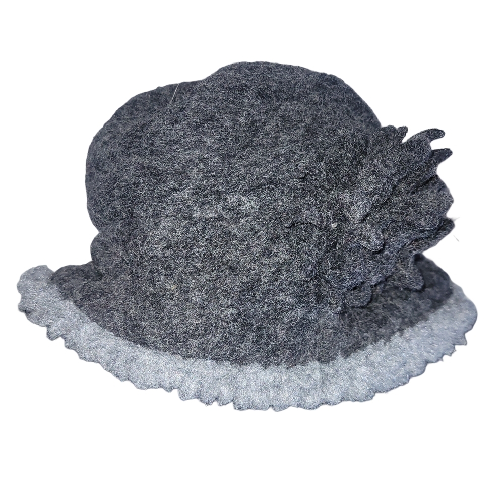 La Fenice Gray Wool Blend Women's Cloche Bucket Hat with Flower Accent